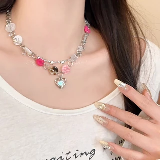 แฟชั่นเกาหลีที่มีสีสันสองชั้นปุ่มสร้อยคอหัวใจหญิงสีเงินอินวิจิตรนักเรียนของขวัญวันเกิด