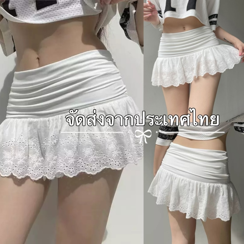 กระโปรงลูกไม้ใหม่ ลายดอกไม้ กระโปรงเอวสูง ผ้าเนื้อนิ่ม สไตล์หวาน