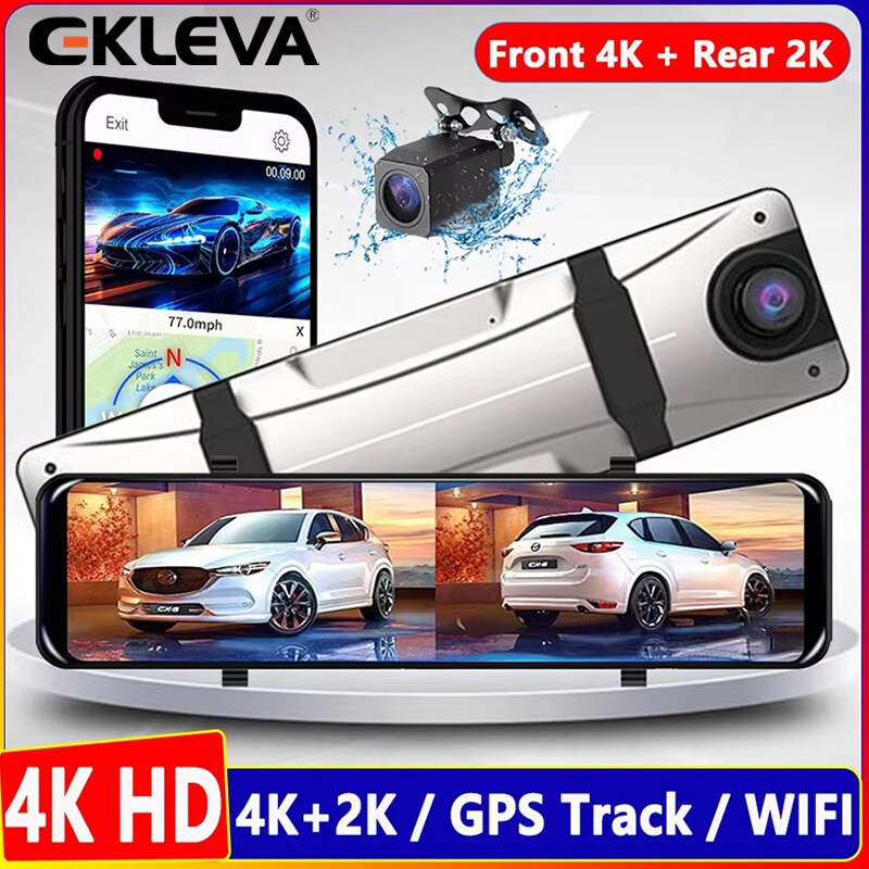 Ekleva 4K + 2K 12 นิ้ว WIFI กระจกมองหลัง Dash Cam กล้อง 3840*2160P รถ Dvr Tracker บันทึกวิดีโอ Super