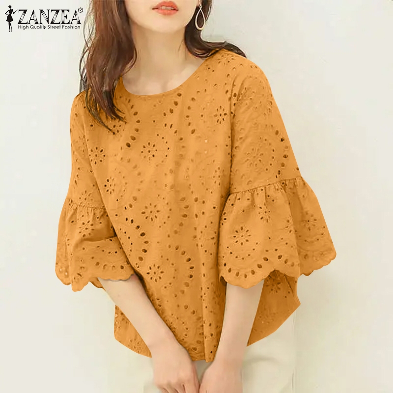 Zanzea เสื้อเบลาส์ลําลอง ผ้าฝ้าย แขน 3/4 คอกลม ปักลายลูกไม้ สไตล์เกาหลี สําหรับผู้หญิง - รูปที่ 5