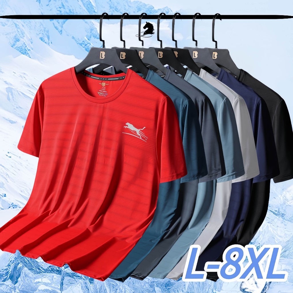 L-8xl Plus Fat Plus Size Fatty Ice Silk Quick-Drying เสื้อยืดฤดูร้อนรอบคอสูงยืดสบายๆกีฬากลางแจ้งด้านบน