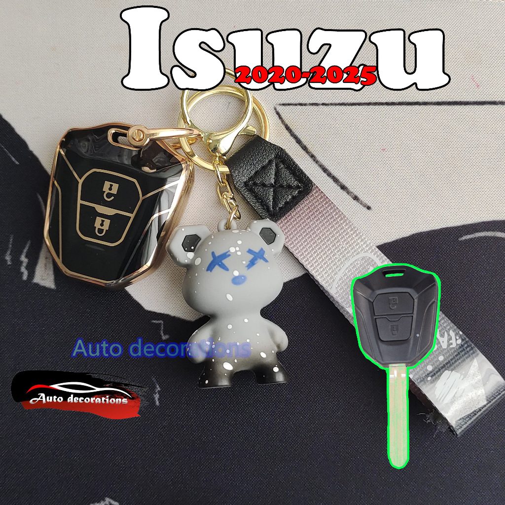 เคสกุญแจ Isuzu 2020-2025 สําหรับฝาครอบกุญแจ Isuzu D-max ขลิบทอง พวงกุญแจหมี เคสกุญแจ Isuzu Dmax