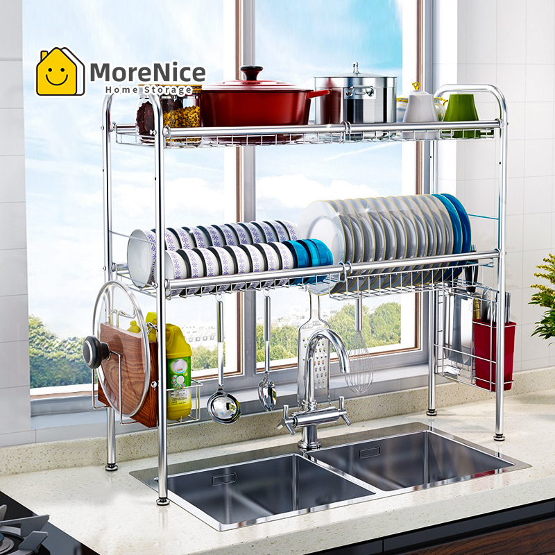 MoreNice ชั้นวางอ่างล้างจานสแตนเลส 1/2 ชั้น ขนาด 60/70/80/90/100/120 ซม. ปรับระดับได้ สำหรับระบายน้ำจาน ชั้นวางของในครัว แข็งแรงทนทาน ป้องกันสนิม