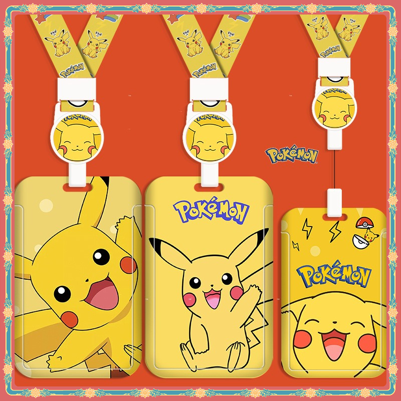 Pokemon Pikachu พร้อมสต็อก โปเกมอน เปลือกแข็งหดเชือกยาวผู้ถือบัตร ปิกาจู เครื่องประดับหลายผู้ถือบัตรการ์ตูนป้องกันการสูญหายกระเป๋าเสน่ห์บัตรควบคุมการเข้าถึง นาย
