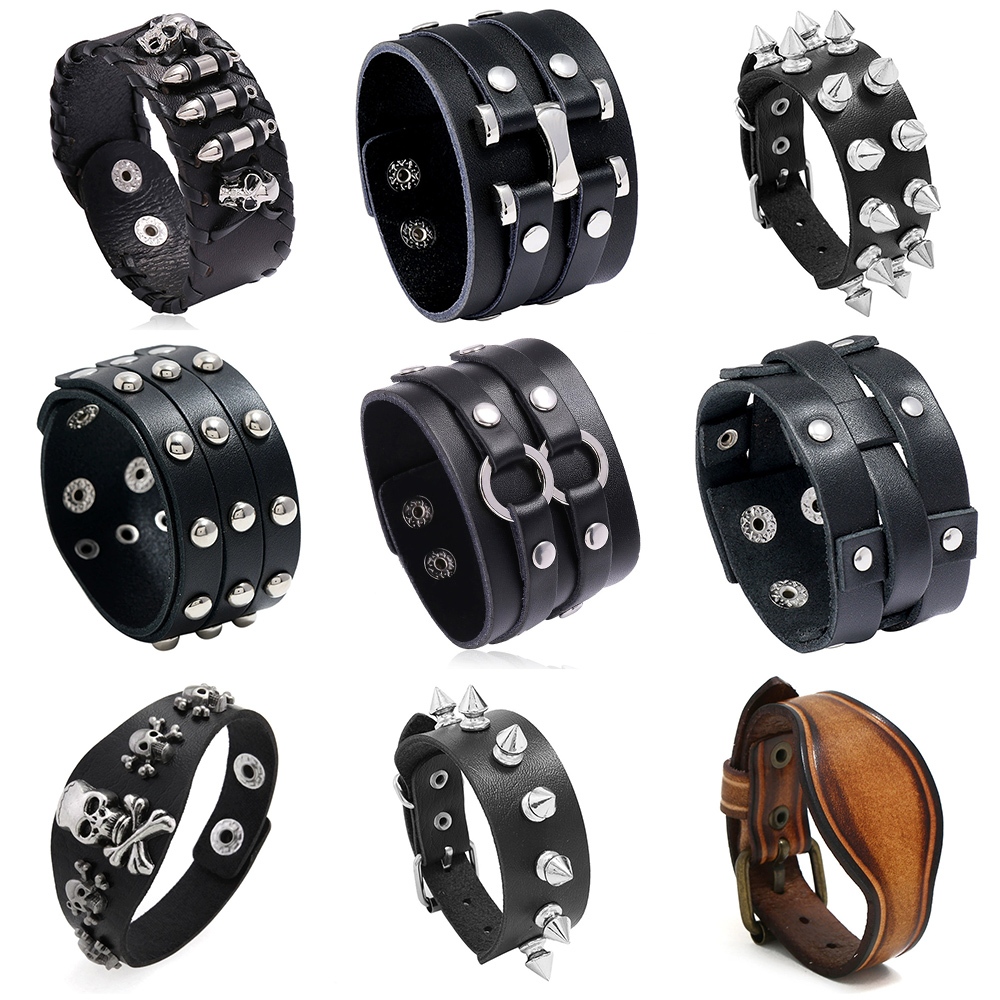 2025 แฟชั่นสีดําสีน้ําตาลสี Pu หนังผู้ชายกําไลข้อมือ Punk Vintage คู่กําไลข้อมือสําหรับผู้ชายผู้หญิงเครื่องประดับของขวัญ