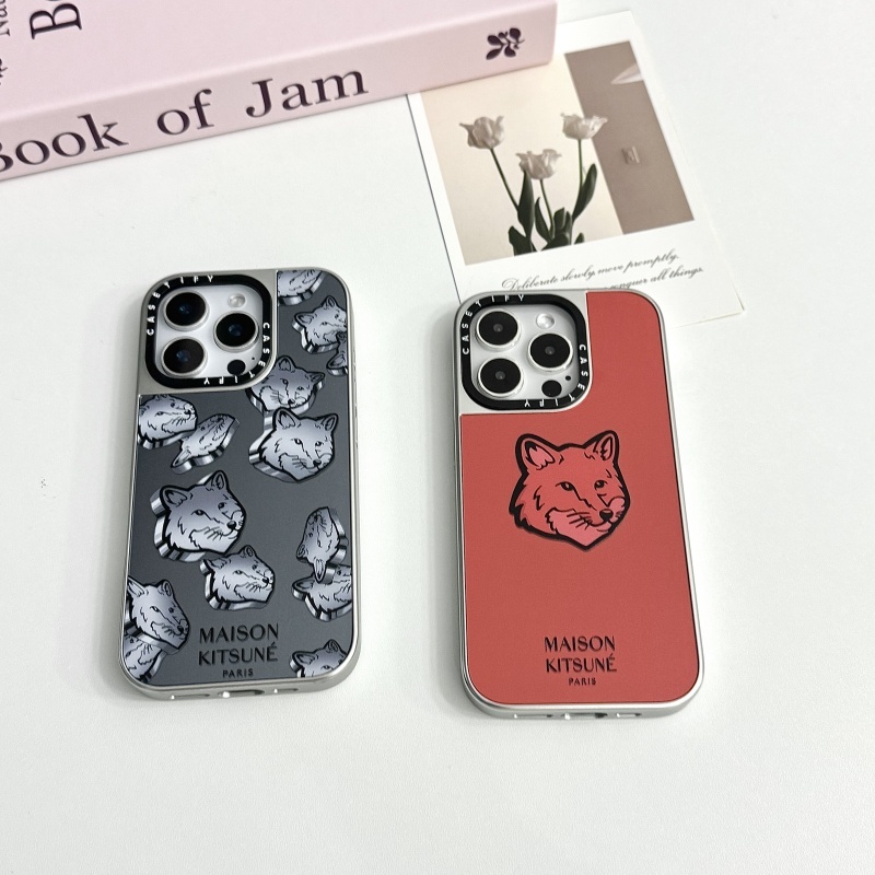 Maison Kitsuné ฤดูใบไม้ร่วงสีแดงกรณี CT กระจก Electroplated ฝาครอบเงินเข้ากันได้สําหรับ iphone12 13 14 15 16 plus promax เคสป้องกัน