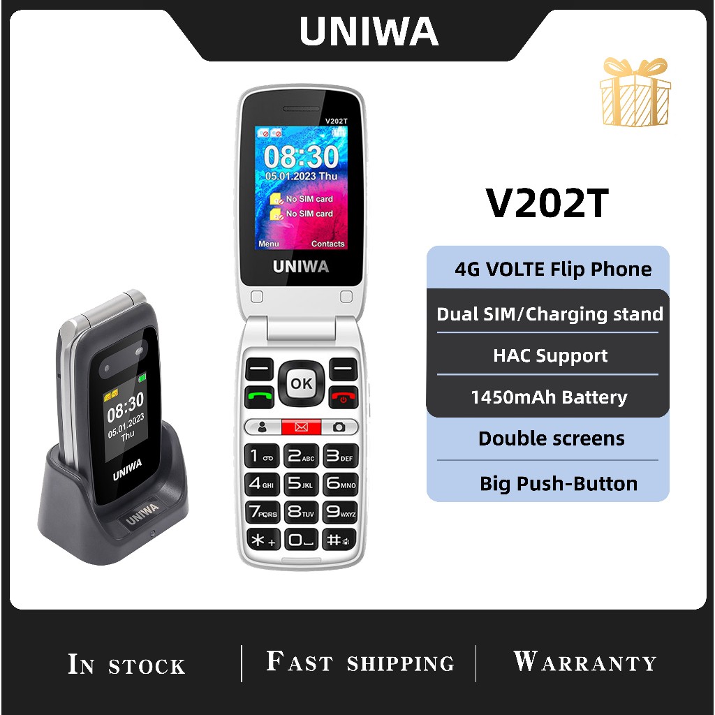 4g Flip โทรศัพท์ผู้สูงอายุ UNIWA V202T Dual Screen Big Push-Button 1450mAh แบตเตอรี่ปุ่มโทรฉุกเฉินโทรศัพท์มือถือพร้อมแท่นชาร์จ