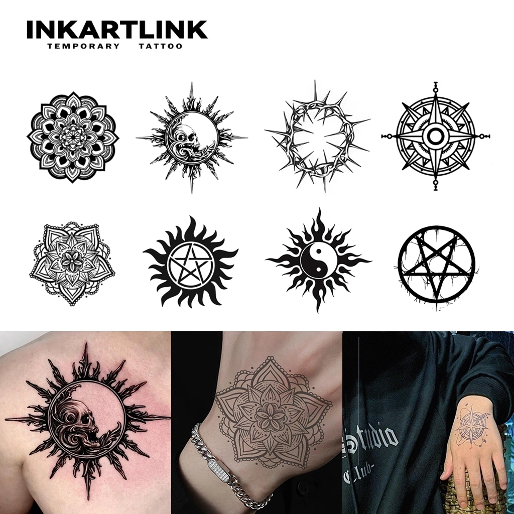 Inkartlink Compass Circular Symbol สติ๊กเกอร์รอยสักชั่วคราว, กันน้ํายาวนานมือ Magic Tattoo, ติดทนนานถึง 15 วันสักปลอม, ชุดสักกึ่งถาวร