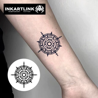 Inkartlink Compass Circular Symbol สติ๊กเกอร์รอยสักชั่วคราว, กันน้ํายาวนานมือ Magic Tattoo, ติดทนนานถึง 15 วันสักปลอม, ชุดสักกึ่งถาวร