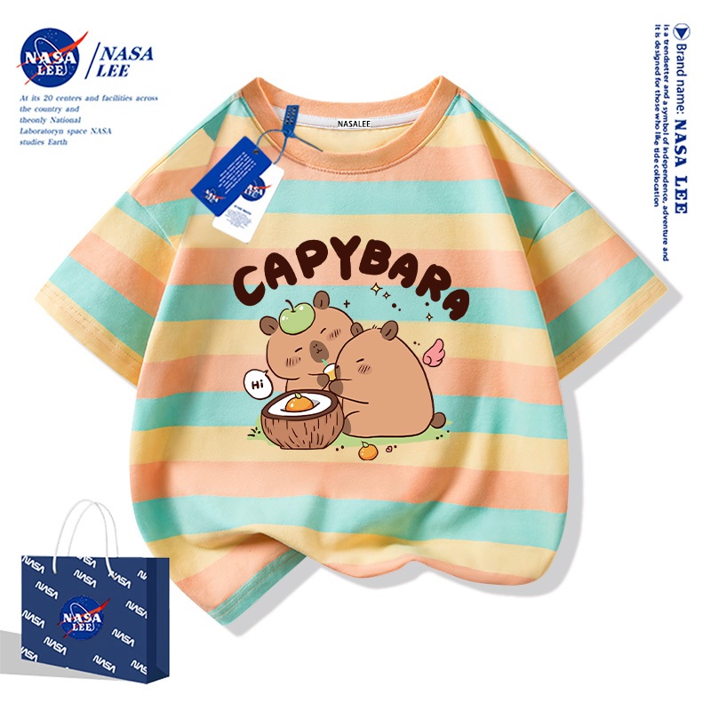 NASA เสื้อยืดแขนสั้นสีเหลืองน้ำเงินลายทาง 100% คอตตอน ลายคาปิบารา รุ่นใหม่ 2025 สำหรับเด็กชาย/หญิง เสื้อแฟชั่นฤดูร้อน