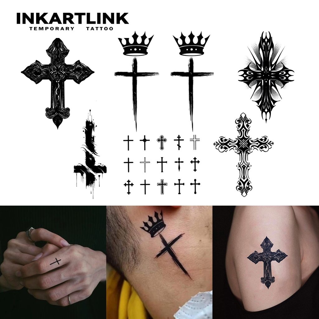 สติ๊กเกอร์รอยสักชั่วคราว Inkartlink Crown Cross, สติ๊กเกอร์รอยสักวิเศษกันน้ําติดทนนาน, ชุดสักปลอมกึ่งถาวร