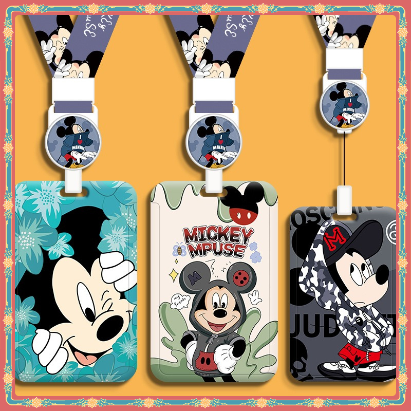 Disney Minnie Mickey พร้อมสต็อก ดิสนีย์มินนี่มิกกี้ฮาร์ดเชลล์หดยาวเชือกผู้ถือบัตรหลายเครื่องประดับการ์ตูนบัตรง่ายผู้ถือบัตรป้องกันการสูญหายกระเป๋าเสน่ห์บัตรควบคุมการเข้าถึง นาย