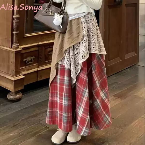 Alisa.Sonya กระโปรงครึ่งตัว ผู้หญิง ลายตาราง ตัดต่อ ไม่สมมาตร สีตัดกัน ลำลอง 24AS1189