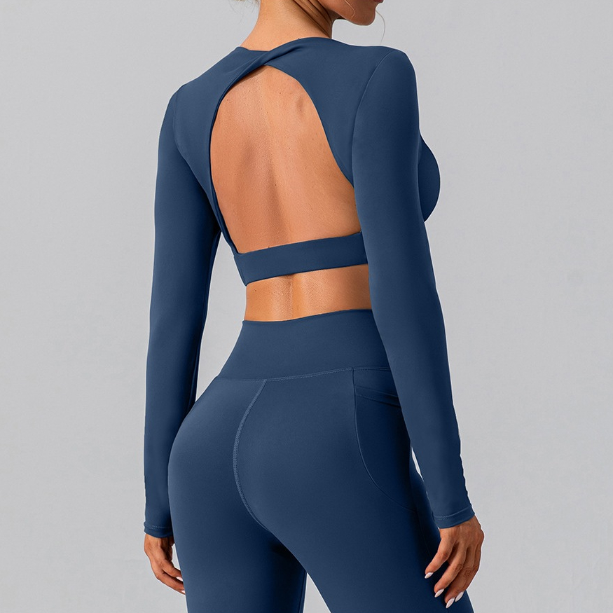 มาใหม่ล่าสุดผู้หญิงแขนยาวโยคะด้านบนความงามกลับ Midriff-Odlit Fitness Top