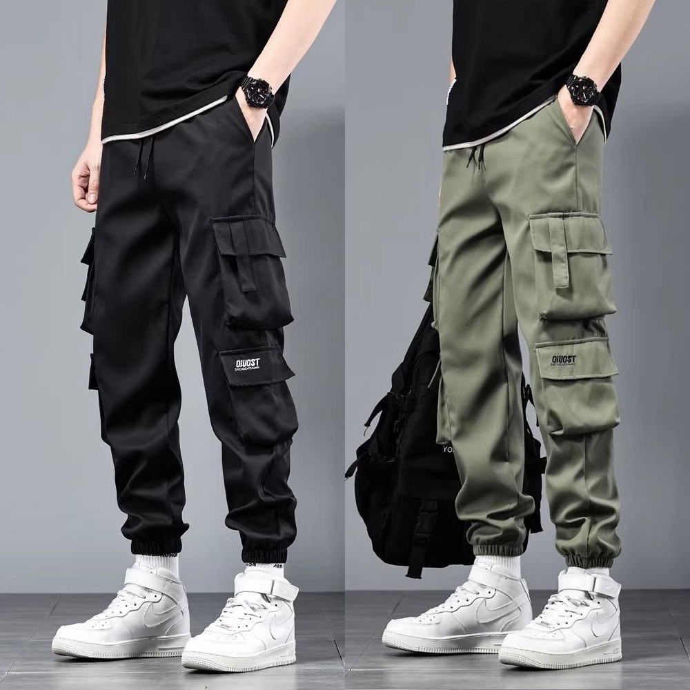 กางเกงผู้ชาย หลายกระเป๋า เชือกผูกเอว ทรงหลวม ชุดเอี๊ยมแฟชั่นสไตล์เกาหลี