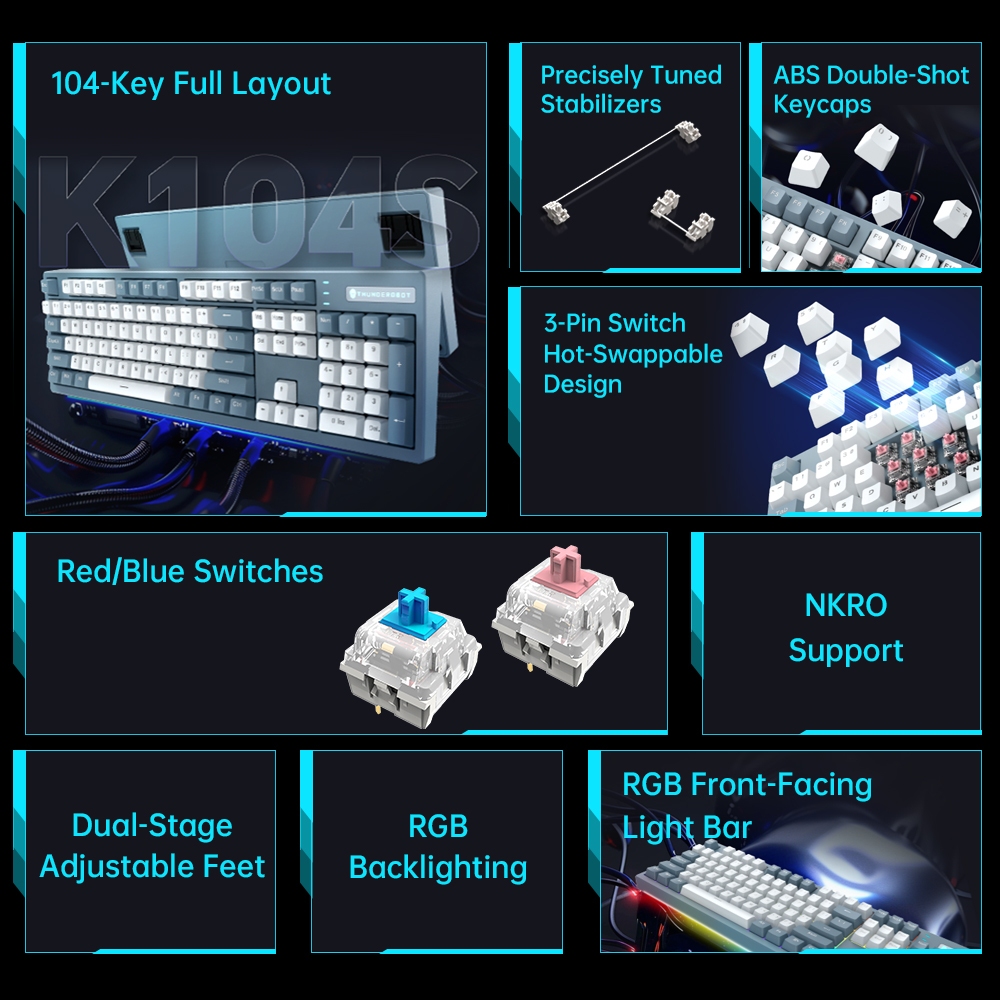 คีย์บอร์ดเชิงกลแบบมีสาย Thunderobot K104s 104 คีย์ คีย์บอร์ดสำหรับเล่นเกม ไฟแบ็คไลท์ RGB และแถบไฟด้านหน้า สลับเปลี่ยนได้แบบฮอตสวอป ตัวปรับเสถียรภาพที่ปรับแต่งอย่างแม่นยำ