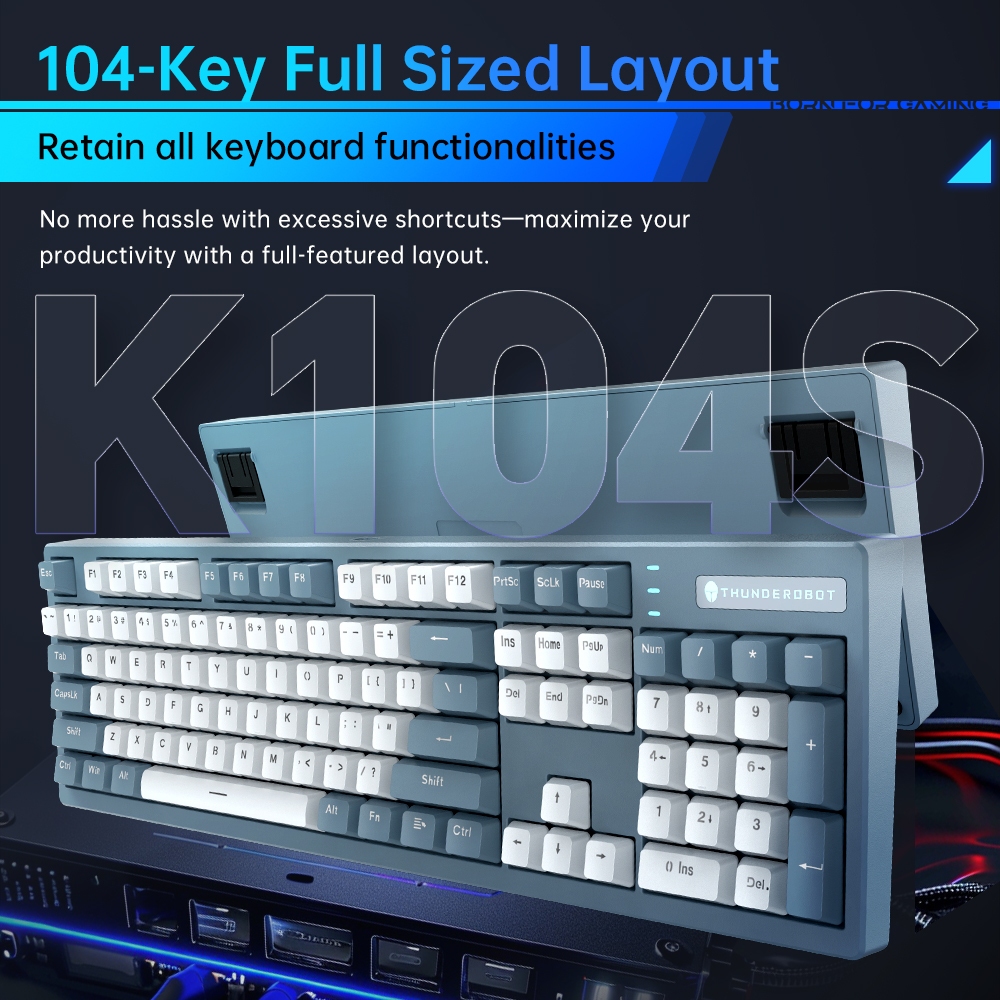 คีย์บอร์ดเชิงกลแบบมีสาย Thunderobot K104s 104 คีย์ คีย์บอร์ดสำหรับเล่นเกม ไฟแบ็คไลท์ RGB และแถบไฟด้านหน้า สลับเปลี่ยนได้แบบฮอตสวอป ตัวปรับเสถียรภาพที่ปรับแต่งอย่างแม่นยำ