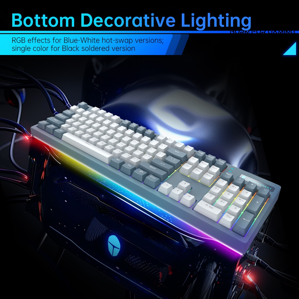 คีย์บอร์ดเชิงกลแบบมีสาย Thunderobot K104s 104 คีย์ คีย์บอร์ดสำหรับเล่นเกม ไฟแบ็คไลท์ RGB และแถบไฟด้านหน้า สลับเปลี่ยนได้แบบฮอตสวอป ตัวปรับเสถียรภาพที่ปรับแต่งอย่างแม่นยำ