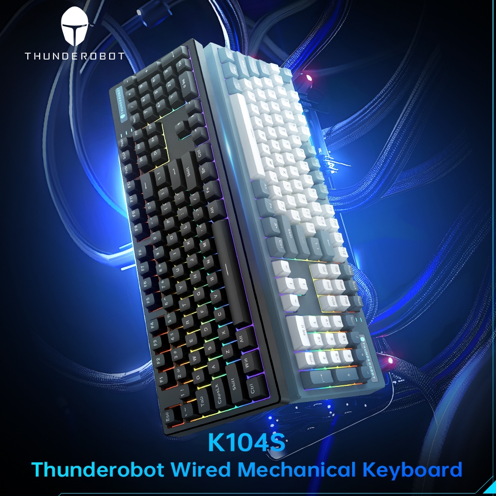 คีย์บอร์ดเชิงกลแบบมีสาย Thunderobot K104s 104 คีย์ คีย์บอร์ดสำหรับเล่นเกม ไฟแบ็คไลท์ RGB และแถบไฟด้านหน้า สลับเปลี่ยนได้แบบฮอตสวอป ตัวปรับเสถียรภาพที่ปรับแต่งอย่างแม่นยำ