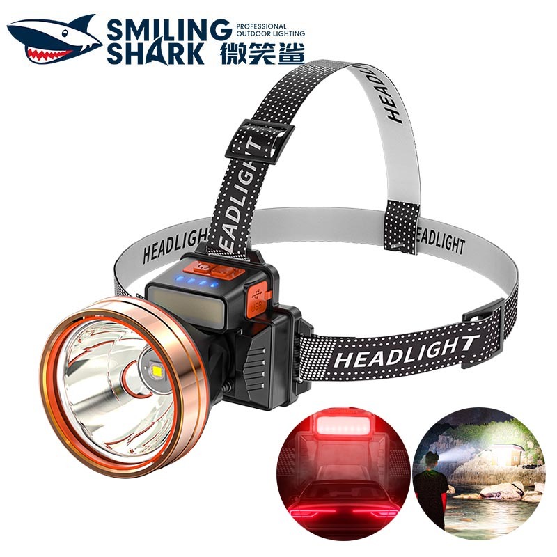 SmilingShark K080 ไฟคาดหัว ไฟฉายคาดหัว LED เซ็นเซอร์ P70 4500LM สว่างมาก ไฟหน้า ด้วยแสงเตือนสีแดง 5 รูปแบบ USB ชาร์จได้ ตัวบ่งชี้แบตเตอรี่ กันน้ำสำหรับการตั้งแคมป์เดินป่าในครัวเรือน