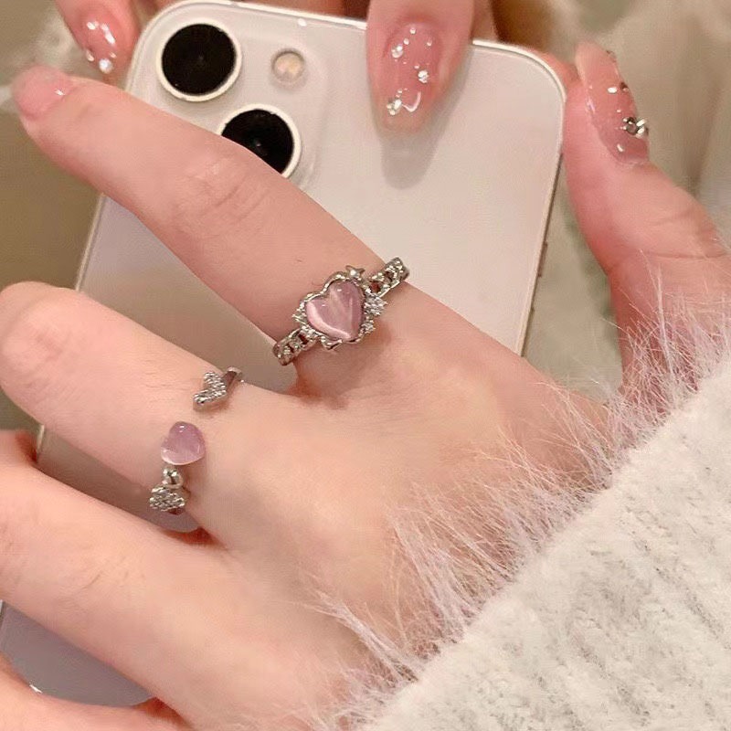 เกาหลีแฟชั่นสีชมพู Zirconia Heart แหวนผู้หญิงสีเงิน ins Fine นักเรียนของขวัญวันเกิด