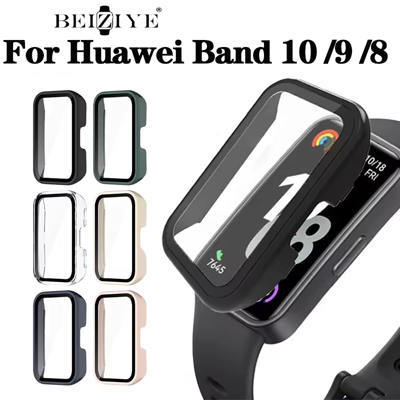 2-in-1 กระจกนิรภัย + เคส สําหรับ For Huawei Band 10 อุปกรณ์เสริม PC ฝาครอบป้องกันกันชนรอบด้าน + ตัวป้องกันหน้าจอ สําหรับ For Hauwei Band 9/8