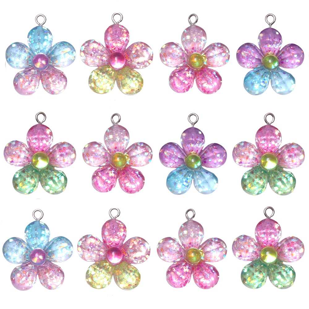4ชิ้นใสเรซิ่นสายรุ้งเสน่ห์ห้ากลีบดอกไม้ประกายจี้สีชมพู