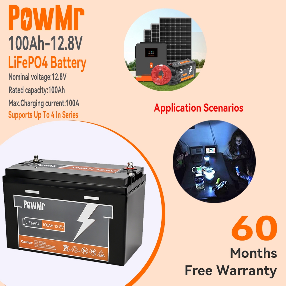 PowMr 12V 100AH แบตเตอรี่ลิเธียมเหล็กฟอสเฟต, แบตเตอรี่พลังงานแสงอาทิตย์, แบตเตอรี่จักรยานไฟฟ้า, การชาร์จแบตเตอรี่ประสิทธิภาพสูง, การป้องกัน BMS ในตัว, พลังงานบริสุทธิ์ 100%, อายุการใช้งาน 5 ปี, สามารถเชื่อมต่อ 4 ยูนิตเป็นอนุกรม