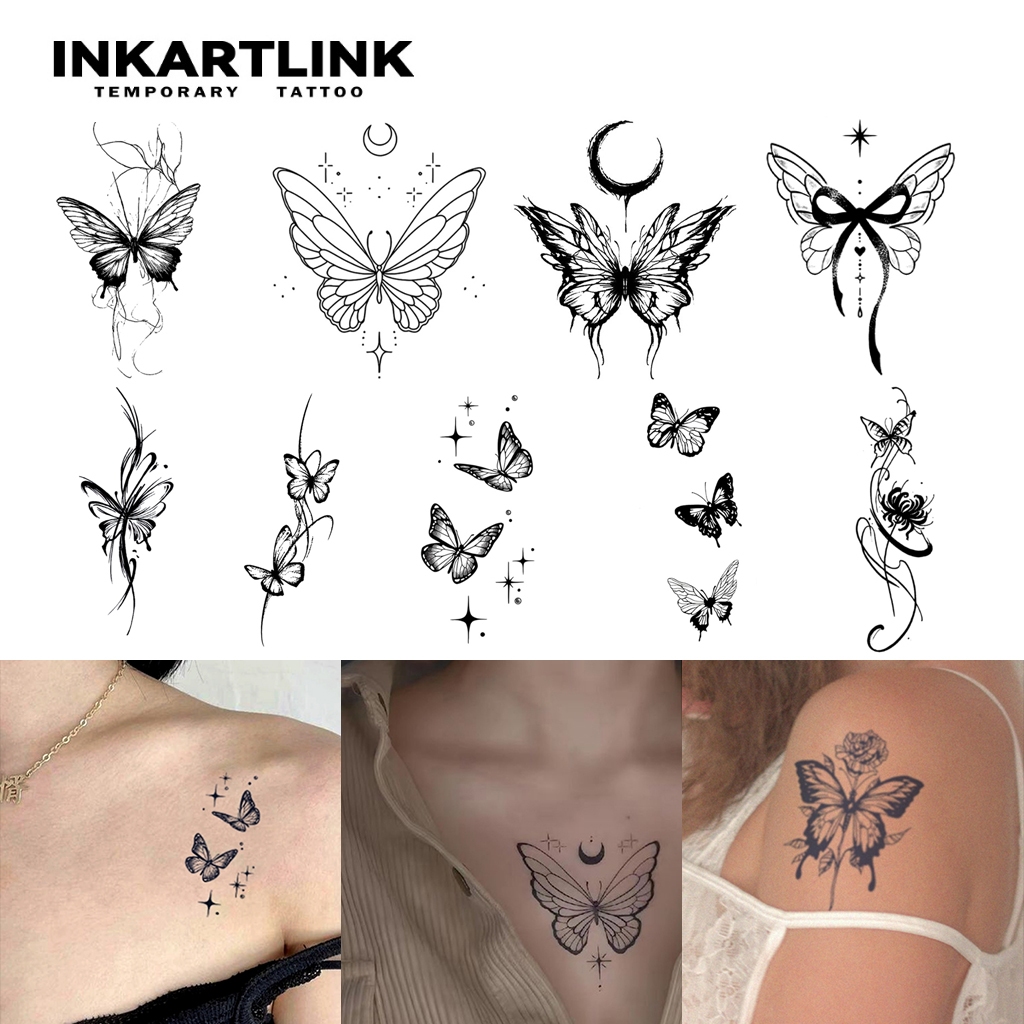 INKARTLINK Magic Tattoo ชั่วคราว กันน้ำ กึ่งถาวร ติดทนนาน รอยสักปลอม รูปลักษณ์รอยสักจริง รอยสักผีเสื้อ รอยสักองค์ประกอบสัตว์ รอยสักเฮนน่า รอยสักปาร์ตี้