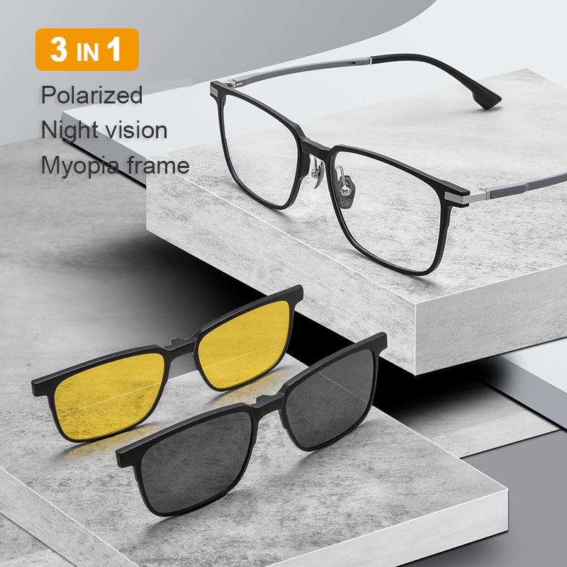 3 in 1 Urltra-Light Square กรอบแว่นตาผู้ชายธุรกิจขับรถชุดแว่นตาแม่เหล็ก TR90 Night Vision เลนส์โพลาไรซ์ Y9022