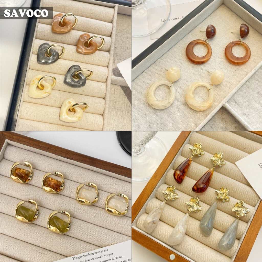 Savoco Vintage S925 อะคริลิคเรขาคณิตต่างหูบุคลิกภาพเรซิ่น Drop ต่างหูสําหรับผู้หญิงเครื่องประดับอุปกรณ์เสริม SE206