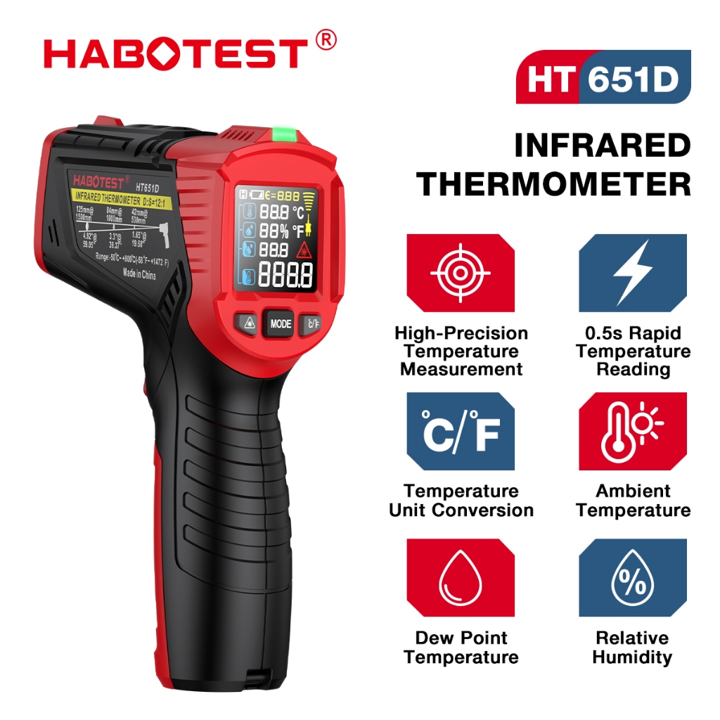 Habotest HT651D เครื่องวัดอุณหภูมิอินฟราเรด -50°ค~800°C เครื่องวัดอุณหภูมิ IR-LCD ดิจิตอลระดับมืออาชีพ เครื่องวัดอุณหภูมิเลเซอร์แบบไม่สัมผัส Pyrometer