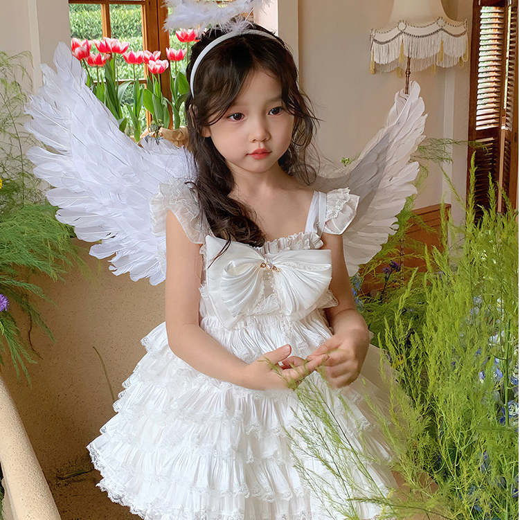 สาวชุดเจ้าหญิงนางฟ้าสีขาวระดับไฮเอนด์โลลิต้าชุด2025แบบใหม่ฤดูร้อนเด็กสาวเด็กชุดมีปีก