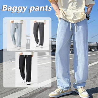 กางเกงยีนส์ผู้ชายกางเกงย้อนยุค เชือกรูด เอวยางยืดล้างหลวมตรง…