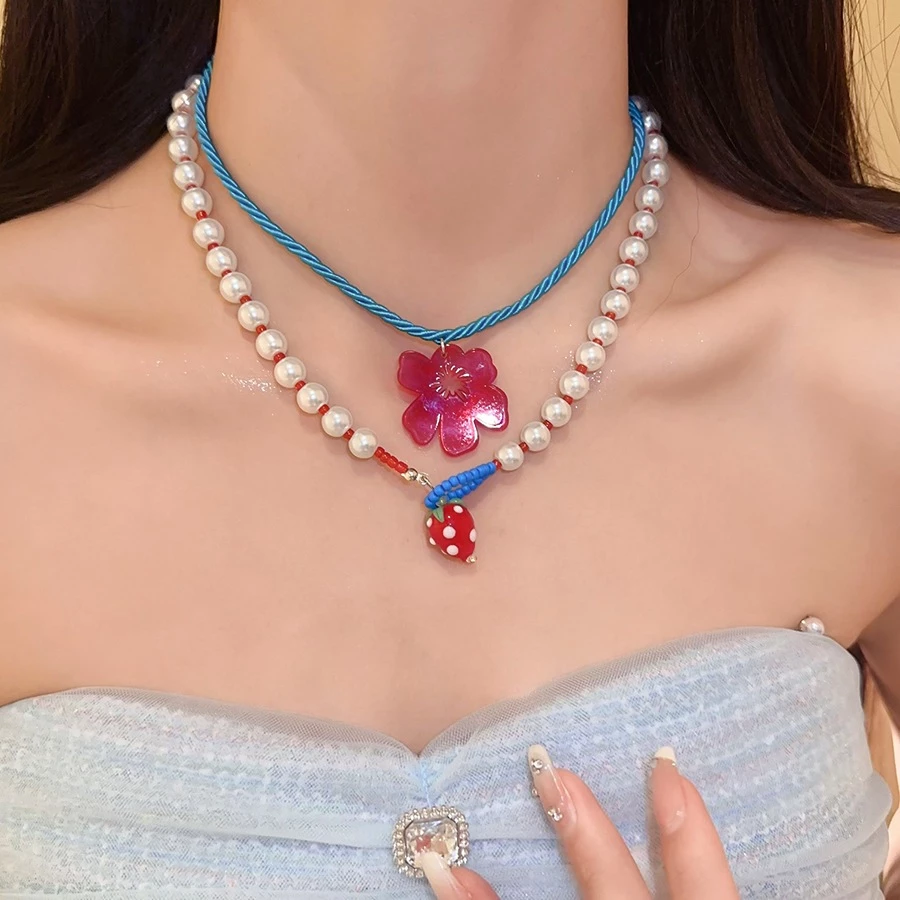 [Jewbeauty]Baroque ลูกปัดมุกข้าวหยดน้ํามันสตรอเบอร์รี่จี้สร้อยคอ Vintage ประณีตแฟชั่น clavicle chain