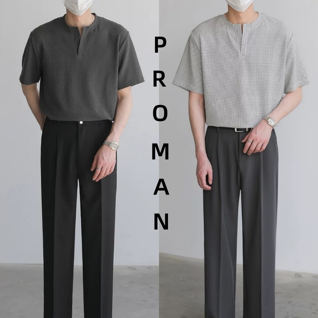 ProMan-แขนสั้นผู้ชายวาฟเฟิลด์  สไตล์เกาหลี  คอกลม  สีล้วน  ลำลอง  ยอดนิยม ราคา ถูกที่สุด ดีลบีเคเค
