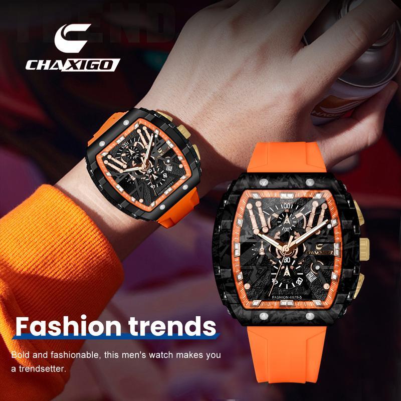 Chaixgo ผู้ชาย Chronograph นาฬิกาควอตซ์ Tonneau Dial Luminous Alloy กีฬากลางแจ้งนาฬิกาผู้ชายนาฬิกาพร้อมสายซิลิโคนสีส้ม 6879-5