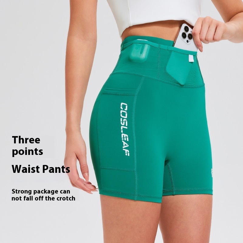 สุภาพสตรีวิ่งเอวสูงสะโพกยกหลายกระเป๋าแน่นโยคะเข่ากางเกงขาสั้น