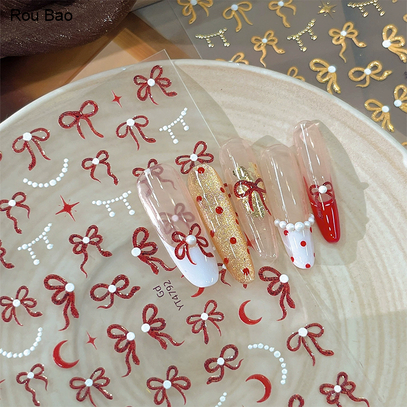 Rou Bao เล็บนูนโบว์ริบบิ้นสติกเกอร์ดวงจันทร์ Girly พร้อมกาวด้านหลังเล็บ Art DIY ตกแต่ง