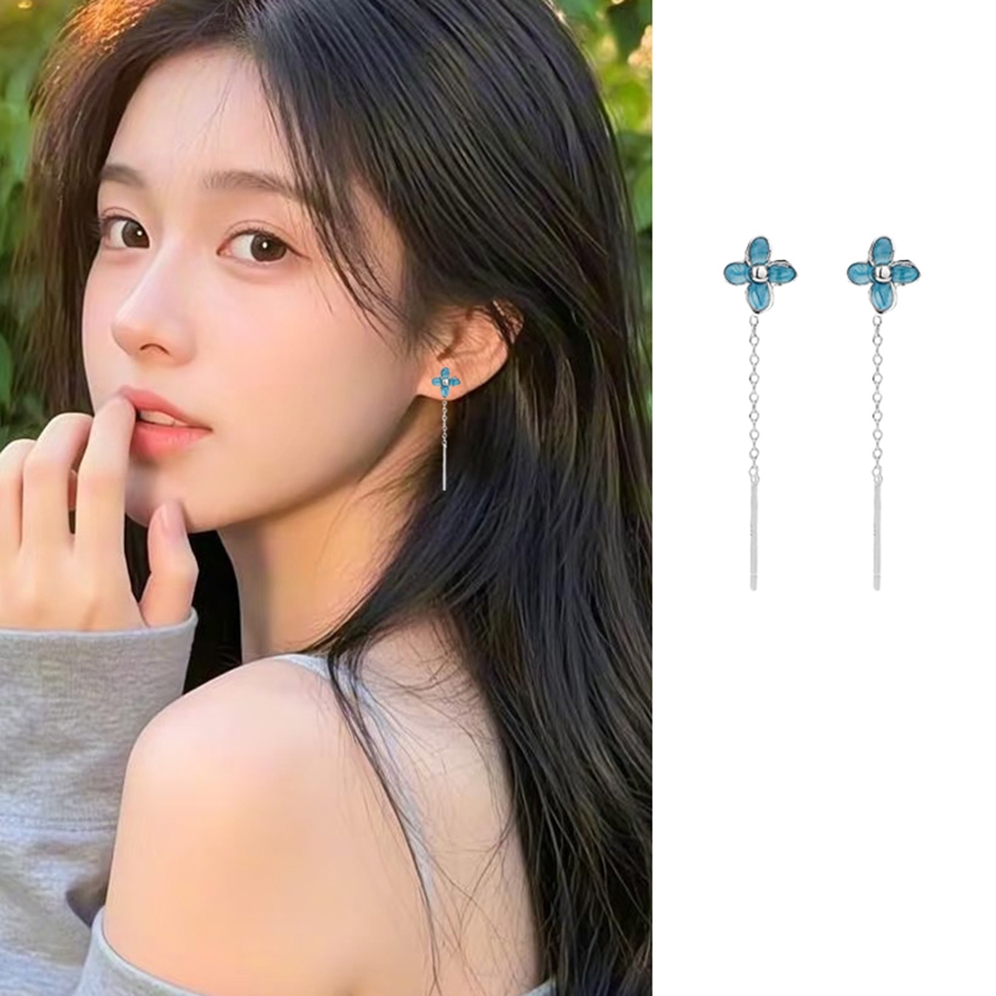 ดอกไม้สีฟ้าอารมณ์หวานหูสายหญิงสไตล์โมริพู่สไตล์ใหม่สดเรียบง่ายต่างหู