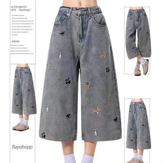 เอ๋เซนชิ ใหม่กางเกงยีนส์หลวมปักลายสุนัขน่ารัก