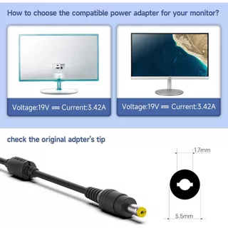 สายไฟ 19V สําหรับจอภาพ Acer, Acer LCD Monitor H236HL, SA230, G276HL, S230HL, G246HL, G206HQL, S271HL, S240HL, G236HL, S220, S231L, S202, S220, S62
