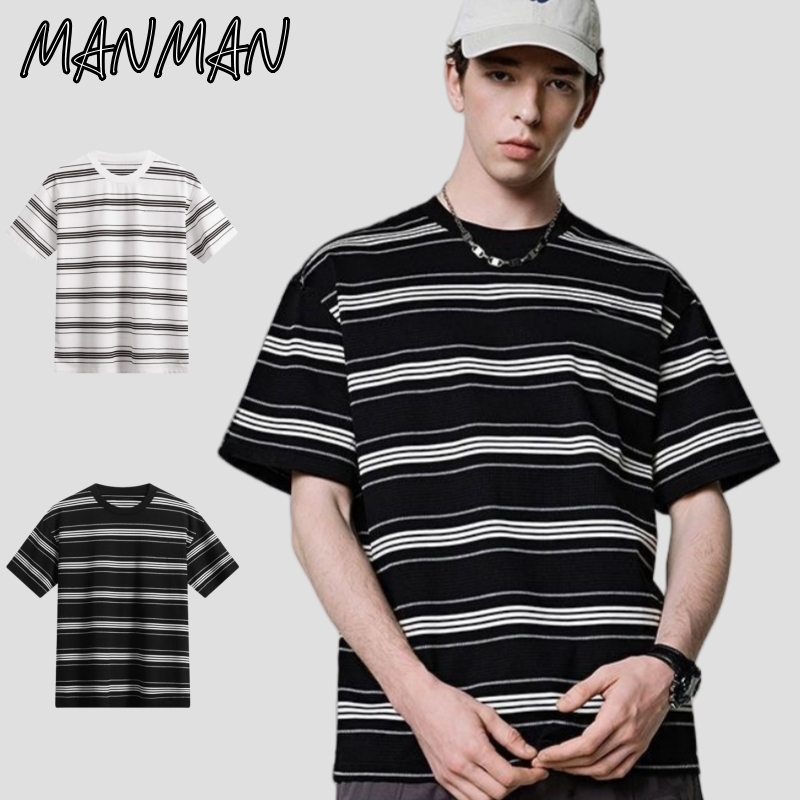 M＆M แนววินเทจ ยอดนิยม แขนสั้น ชาย แฟชั่น ลายทาง เสื้อยืด ลำลอง แมทช์ลุคง่าย หลวมใส่สบาย