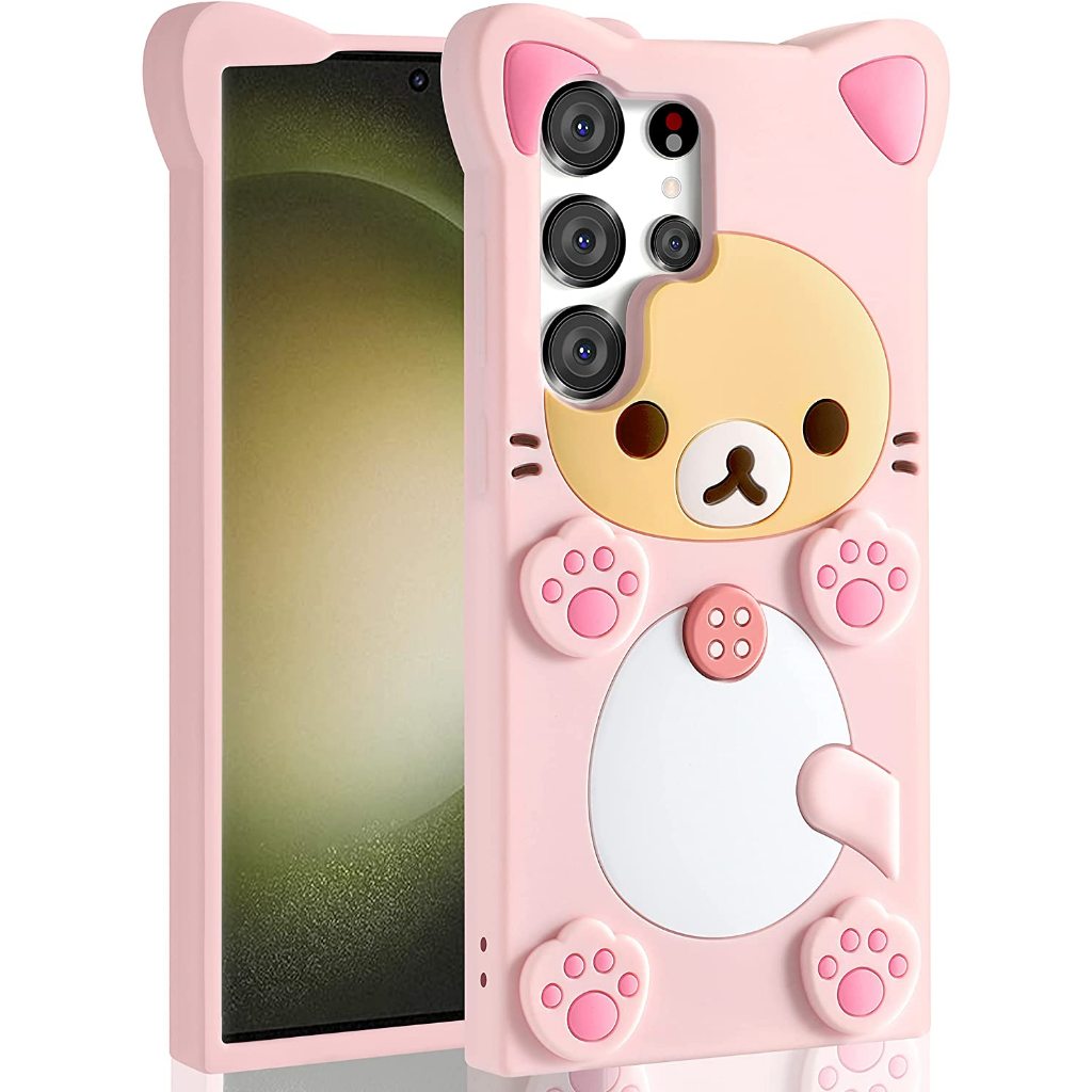 สําหรับ Samsung S24 Ultra S23 Plus S22 A14 A53 Kawaii 3D น่ารักการ์ตูนหมีสีชมพูนุ่มเคสโทรศัพท์