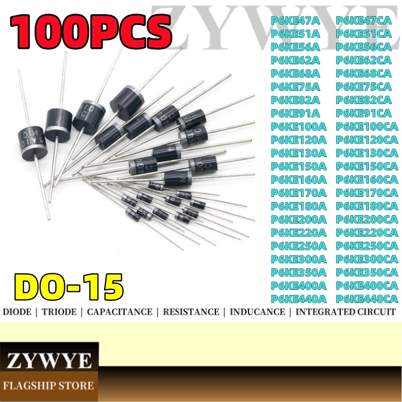 100pcs ไดโอด P6KE100A P6KE100CA P6KE47A 51A 56A 75A 82A 91A 120A 130A 150A 160A 170A 200A 2200A 250A