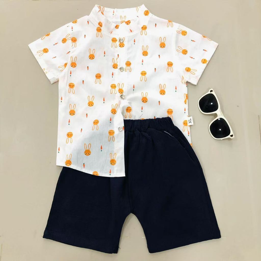 เซ็ตชุดเด็กผู้ชาย เสื้อคอจีนเชิ้ตแขนสั้น + กางเกง สำหรับเด็ก 1-4 ขวบ มี 3 สีให้เลือก