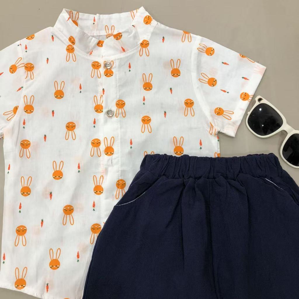 เซ็ตชุดเด็กผู้ชาย เสื้อคอจีนเชิ้ตแขนสั้น + กางเกง สำหรับเด็ก 1-4 ขวบ มี 3 สีให้เลือก