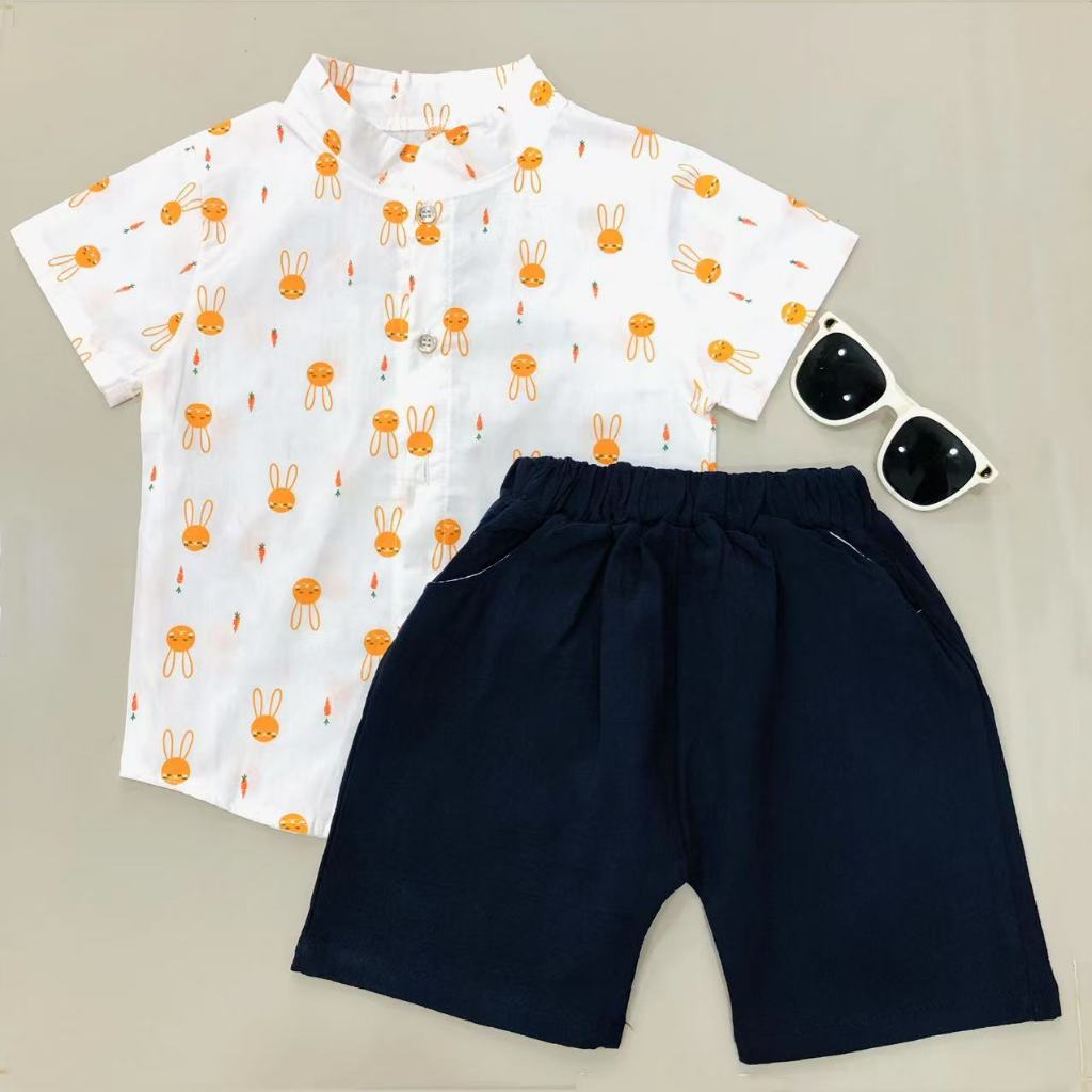 เซ็ตชุดเด็กผู้ชาย เสื้อคอจีนเชิ้ตแขนสั้น + กางเกง สำหรับเด็ก 1-4 ขวบ มี 3 สีให้เลือก