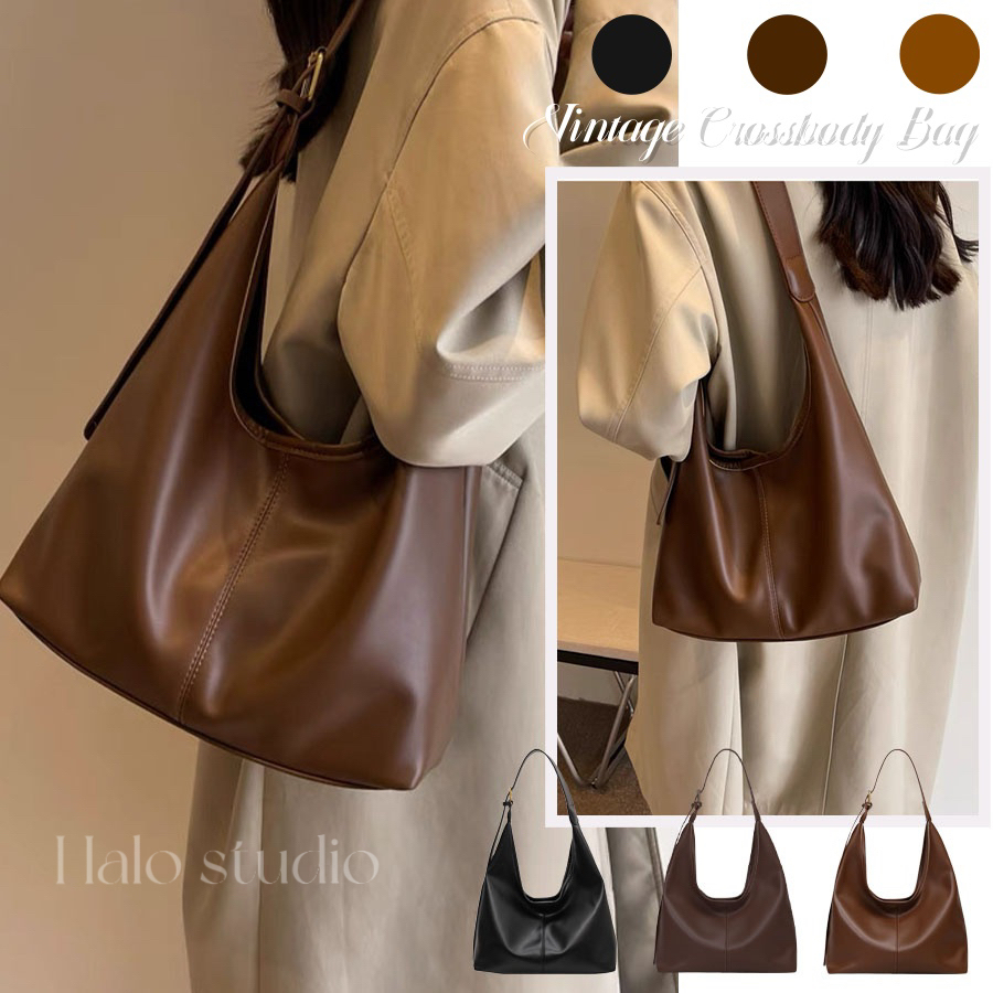 Halo studio พร้อมส่ง  กระเป๋าสะพายข้างสีทึบ หนัง PU กระเป๋าแฟชั่นสตรีสไตล์เรโทร สามารถสะพายข้างหรือสะพายไหล่ข้างเดียวได้