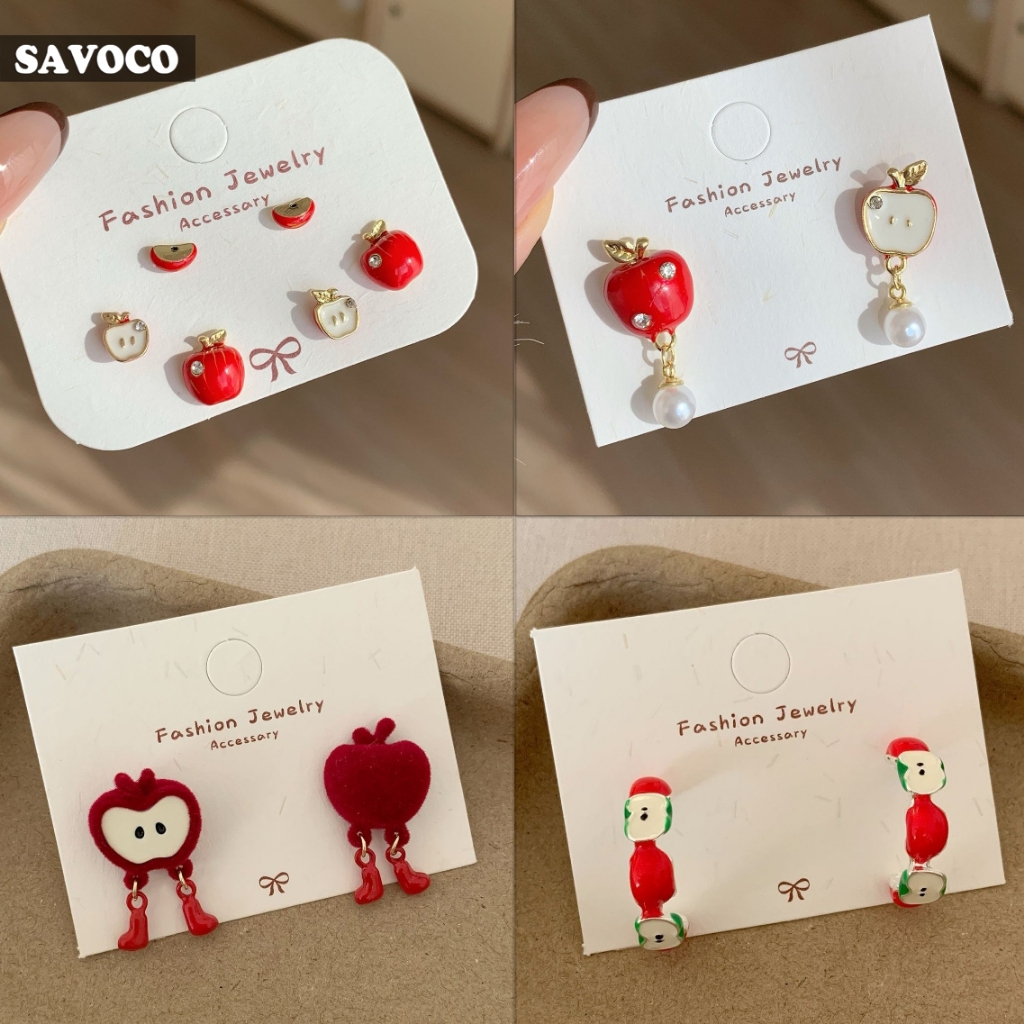 Savoco ฤดูใบไม้ผลิน่ารักสีแดง Apple ต่างหูบุคลิกภาพผลไม้ต่างหูผู้หญิงเครื่องประดับอุปกรณ์เสริม SE223